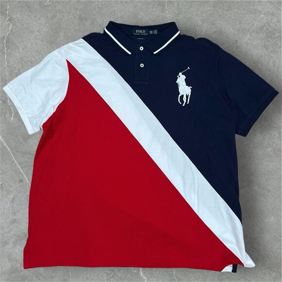 Polo Ralph Lauren Men's Big Pony Red White and Blue Striped Polo Shirt Size 2XL - Picture 1 of 7